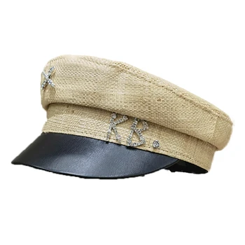 Frauen Stroh Cap Fiddler Hüte Flache Militärischen Stil Hüte PU Leder Krempe Sonnenhut Mode Sommer-Derby-Mütze Junge Mädchen Newsboy Cap