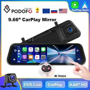 Podofo Dash Cam 4K CarPlay Mirror Monitor Android Auto Navigation Touch Screen Rückansicht 9.66 inch Auto DVR Voice Control