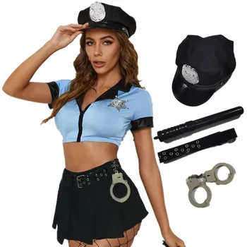 6Pcs Blau Sexy Polizei-Uniform für Erwachsene Frauen Halloween Party Cosplay Cop Polizei Outfit Kostüm Top+Rock+Mütze+Handschellen+Schlagstock+Gürtel
