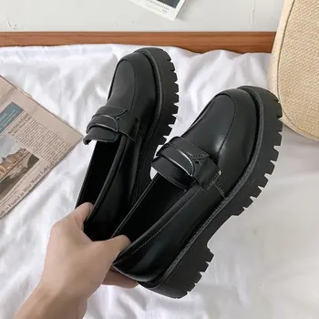 Frau Solid Black PU Leder Loafers Zapatos Casual Frauen Slip auf Wohnungen Runde Zehe Plattform Shoesert5