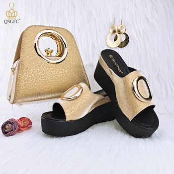 QSGFC Neue Mode Einfache Gold Flash Matte Oberfläche, Damen Sandalen Schuhe Tasche Set in Frauen Nigerian Mit Wasserdichte Plattform