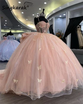 Elegante Rosa Prinzessin Quinceanera Kleid 2023 Bogen Schmetterling Applique Perlen Kristall Geburtstag Prom Süße 16 Kleid Vestidos De 15 Años