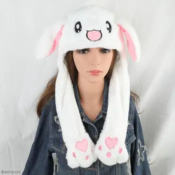 Neue Kaninchen Frauen Hut Beanie Plüsch Kann Bewegen Bunny Ohren Hut Mit Glanz Ohrenklappen Beweglichen Ohren Casual Tier Kappe Beanies
