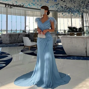 Eightree Formale Elegante Chiffion Prom Dresses Mermaid Federn Falte V-Ausschnitt Mit Langen Abendkleid Robe De Soirée Partei Gewachsen 2023