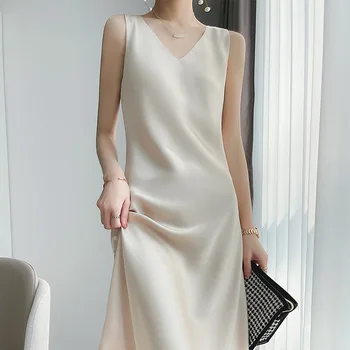 2023 Elegante Frauen Kleid Sexy V-Neck Sleeveless Koreanische Harajuku Satin Party Lange Maxi Kleid Casual Sommerkleid Vestido Mujer