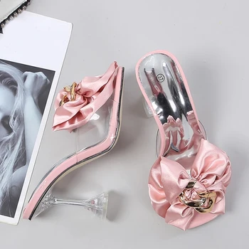 Transparent Hausschuhe Für Frauen 2023 Sommer Mode Rosa Schmetterling-Knoten Designer Sandalen Klare Heels Größe 46 Weibliche Schuhe