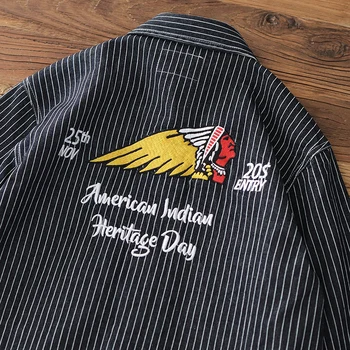 Herbst amerikanischen Retro schwere Denim Cargo Stickerei Gestreiften Shirt Männer Mode Reine Baumwolle Gewaschen Casual Blusen Jacke