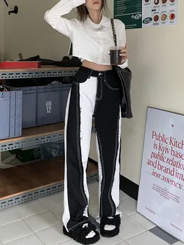 Amerikanische Retro-Mode Y2k Streetwear Schwarz Und Weiß Kontrast Farbe Hohe Taille Baggy-Jeans Femme Gerade Breite Bein Hosen Frauen