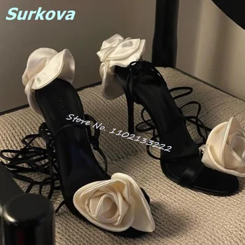 White Silk Flower Sandals Open Toe Cross Strap Thin High Heel 2023 Sommer Mode Mischfarben Frauen Schuhe Party Kleid Stilettos