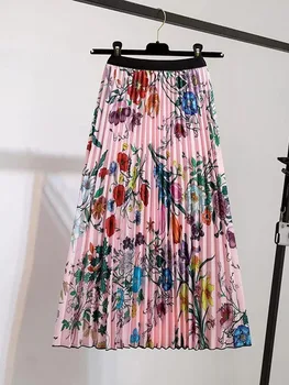 Floral Chic Sommer Röcke Womens 2023 Vintage Mode Marke Elastische Hohe Taille Casual Midi Plissee Rock Frau Kleidung-Jupe