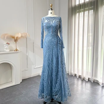 Sharon Sagte Luxus Dubai Blue Mermaid Muslim Evening Dress Overskirt Langarm Plus Größe Frauen Hochzeit Gast Party Kleider SS141