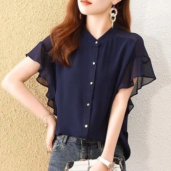 Elegant Solid Color Spliced Lose Rüschen Chiffon Shirt Frauen Kleidung 2023 Sommer Neue Casual Tops All-match Office Lady Bluse