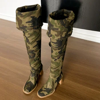 Neue Camouflage Denim Super Lange Schuhe 34-42 Nähen 7cm Dicke Ferse Falten-Über-die-Knie Stiefel Denim Blaue Knie-Hohe Frauen Stiefel