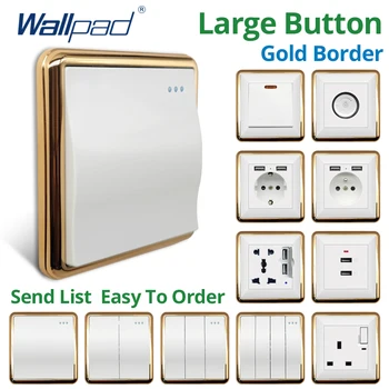 Wallpad Weiß Große Welle Taste Gold Rand Wand EU UK Elektrische Outlets, Und die 1/2/3/4 Gang 1 2 3 Weg Licht Schalter 110-220V