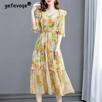 Frauen Kleidung Floral Print Rüschen Elegante Lange Party Kleider 2023 Sommer Trend V-Ausschnitt Kurzarm Süße Strand Kleid Vestidos
