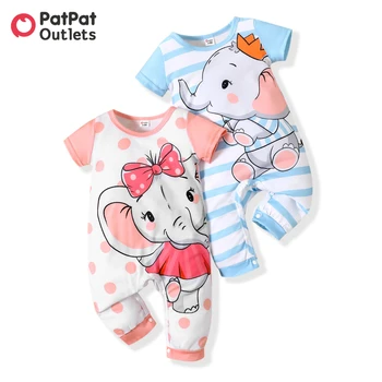 PatPat Baby Junge/Mädchen Cartoon Elefanten Print Short-sleeve Jumpsuit Sommer Baby Mädchen Neugeborenes Kleidung Jumpsuit hohe Qualität