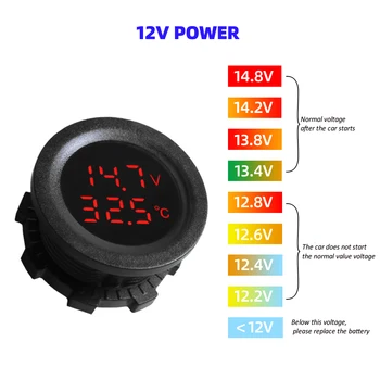 12-24V Auto-Runde Temperatur Voltmeter, Auto Voltage Meter Display Digital-Messung für Auto Motorrad Boot Thermometer