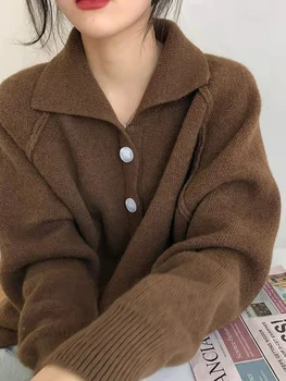 Neue Übergroßen Elegante Revers Taste Up Gestrickte Strickjacke Frauen Koreanische Mode Vintage Cute Casual Elastische Damen Kawaii Pullover 2