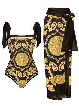 2023 Sommer Neue Frauen Mode Vintage Gold Gedruckt Spitze-up Design-Tight One-piece Sexy Bikini-Badeanzug Bedeckt, Rock
