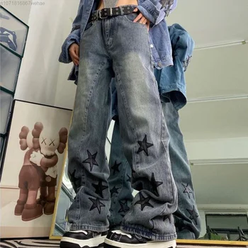 Amerikanischen Retro Stickereien Sterne-Washed Jeans Für Frauen Streetwear Y2k Neue Sommer Lange Harem Pant Slim Hohe Taille Gerade Bein Hosen