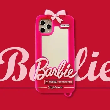 Kawaii Barbie Pink 3D Retro Case Anime-Kompatibel für Iphone Silikon Gummi Schützende Gel Zurück Abdeckung mit Make-Up Spiegel Mädchen