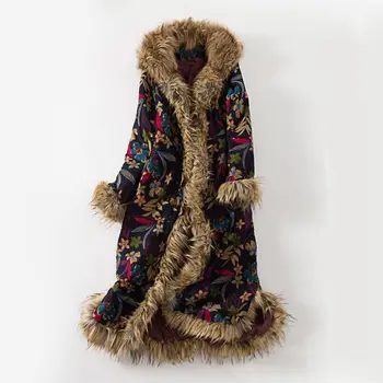 Ethnische Stil Winter Mantel Pelz Kragen Lange Staub Mantel Windbreaker Baumwolle Leinen Vintage Baumwolle Gepolsterte Kleidung Jaqueta Feminina f1859