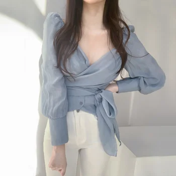 Elegante Plissee Tops Blusas Mujer De Moda Bandage Taille Bluse für Frauen OL One Piece Shirt Sexy Crop Blaue Bluse Ropa