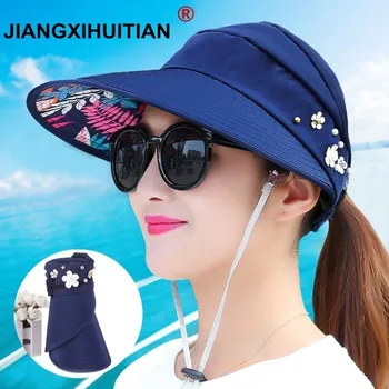 Neue einfache Frauen Sommer Strand Sonne Hüte Perle packable Sonnenblende Hut mit big heads Breite Krempe UV Schutz weibliche Kappe