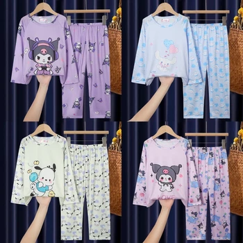 Neue Kawaii Sanrioed Cinnamoroll Kuromi Kinder Pyjamas Anime Pochacco Cartoon Jungen Mädchen Nachtwäsche Langarm Kinder Hause Kleidung