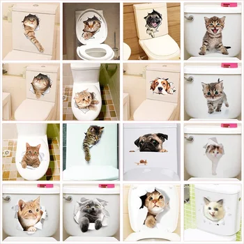 Schöne Katze Hund WC Aufkleber Hause Dekoration Diy Lustige Cartoon Tier Wc Wandbild Kunst Vivid 3d Kätzchen Welpen Safari Pvc-Wand-Aufkleber