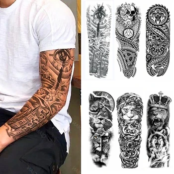 Full Arm Temporäre Tattoo Auge Uhr-Löwe-Schädel-Gang-Manipulator Solider Krieger Mann Körper Kunst Wasserdicht Aufkleber Frauen Totem