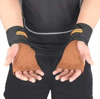 Leder Gym Handschuhe Mit Armschienen Pull-ups Heben Gymnastik Crossfit Anti-Skid Gürtel Wraps Unterstützung Palm Schutz-Pads Fitness