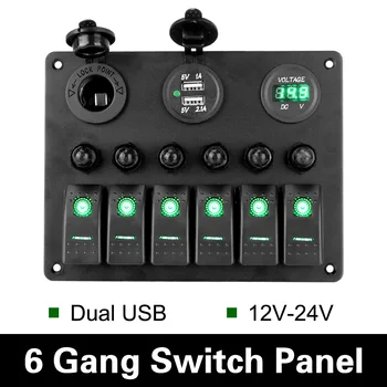 Digital Voltmeter 6 Gang Rocker Switch Panel Dual USB Ports Aluminium Panel Auto Marine Boot Schaltung LED Breaker DC 12V/24V