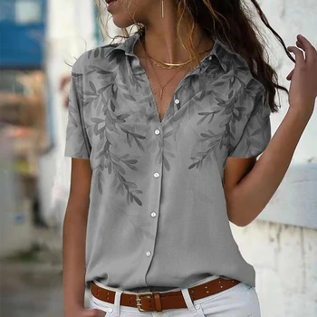 Sommer Frauen T-Shirts Blätter 3D-Druck Blusen Büro Dame Fashion Shirt Elegante Kurzarm Plus Größe Taste Tops Weibliche Kleidung