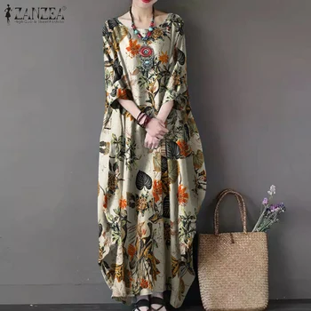 2023 ZANZEA Gedruckt Maxi Kleid Elegante Frauen Floral Sommerkleid Herbst Casual Langarm Vestidos Weibliche Baumwolle Robe Übergroßen