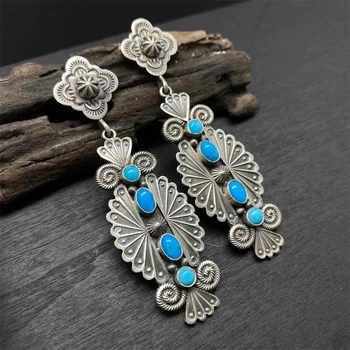 Ethnische Runde Intarsien mit Blau Stein Ohrringe für Frauen Vintage Silber Farbe Metall Carving-Spiral-Muster Baumeln Ohrringe