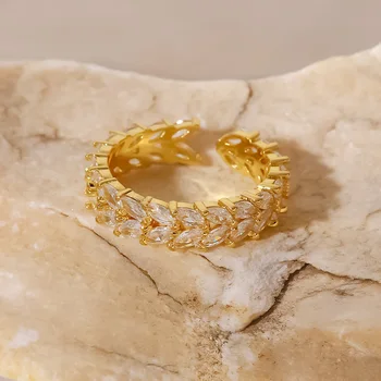 Uworld Minimalistischen 18K Real Gold Plated Double-Layer-Weizen Kopf Öffnen Cubic Zirkon Kupfer Ringe bijoux femme Pflege