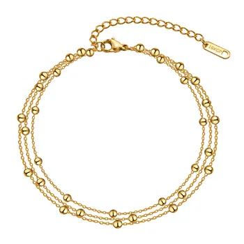 18k Gold Plated Stainless Steel Layered Kette Mit Perlen Fußkettchen Armband für Frauen