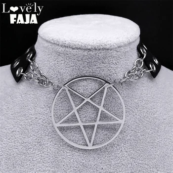 Gothic Invertiert Pentagramm Halskette Frauen Leder Kette Pentagramm Silber Farbe Harajuku, Choker Edelstahl Halsketten Schmuck