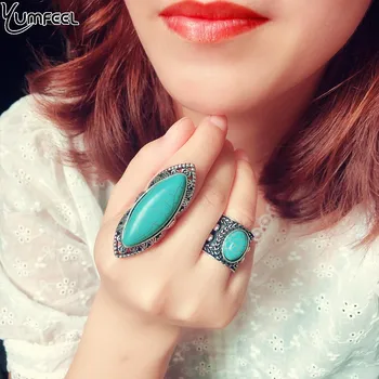 Yumfeel Marke Neue Tibetischen Silber Vintage Türkis Ring Frauen 3 Modell Wahl-Finger-Ring Schmuck