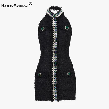 HarleyFashion Frauen Schwarz Halfter Perlen Abend Mini Kleid Backless Fancy Stones-Bergkristall-Tweed Quaste Kleider