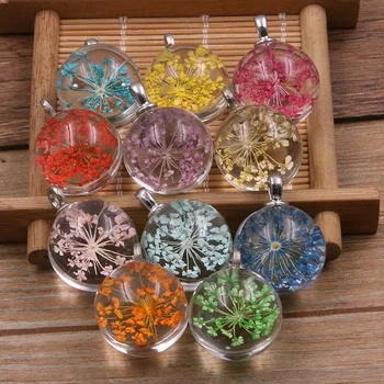 5Pcs Gemischte Farbe Kristall Glas Reale Getrocknete Blume Runde Halskette Anhänger Charms DIY Schmuck Machen Erkenntnisse Liefert