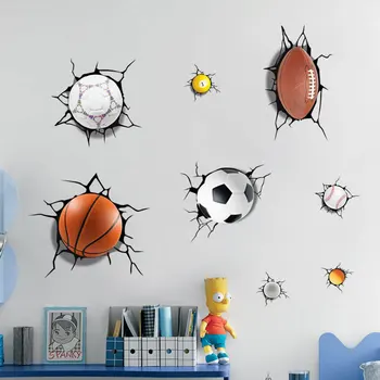3D Eine Menge Von Kugeln Gebrochen Wand Aufkleber Fußball Basketball Home Aufkleber Fenster Aufkleber Jungen Zimmer Wohn-Zimmer Sport Decor Wandbild
