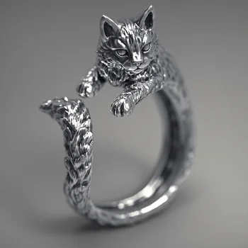 Mode Schmuck Silber überzogene retro Zubehör thai Silber, schwarz, cat ring Europa und Amerika Tier Kätzchen einstellbare Frauen ring