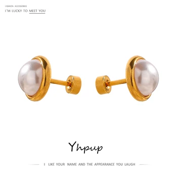 Yhpup Nachahmungen von Perlen Screw-Back Stud Ohrringe Trendy Edelstahl Schmuck Geometrischen 18 K Überzogen Charme für Frauen Gala Geschenk