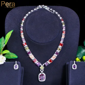 Pera Luxuriöse Princess Cut Bunte CZ Kristall Quadrat Anhänger Ohrringe Halskette Braut Engagement Schmuck-Sets für Bräute J469