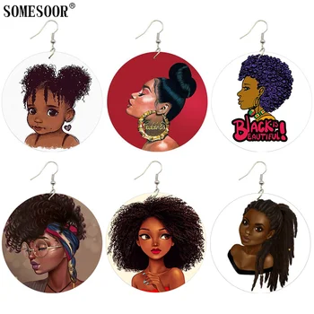 SOMESOOR Sowohl Seiten Drucken, die Schwarze Göttin Holz Ohrringe Schöne Lockiges Mädchen, Afro Natural Hair Braid Design Für Frauen-Geschenke
