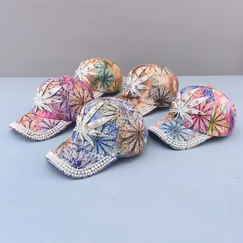 Neue Mode Frauen Multicolor Druck Baseball Kappe Bling Perle Dekoration Casual Caps Einstellbare Outdoor Sommer Hüte