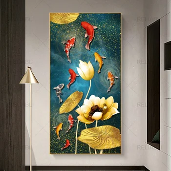 Abstract Golden Lotus mit Koi Fisch Leinwand Malerei Moderne Poster und Drucke Wand Kunst Bilder für Galerie Wohnzimmer Dekor