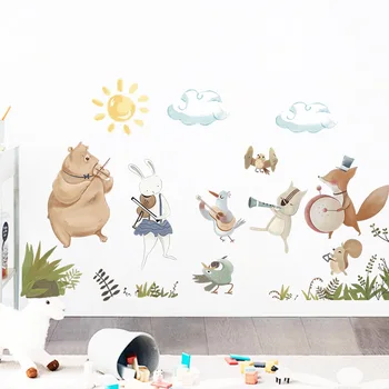 Nordic Aquarell-Animal-Band-Musik-Player Wand Aufkleber für Kinder Zimmer Baby Nursery Zimmer Dekoration Wand Aufkleber PVC Home Decor